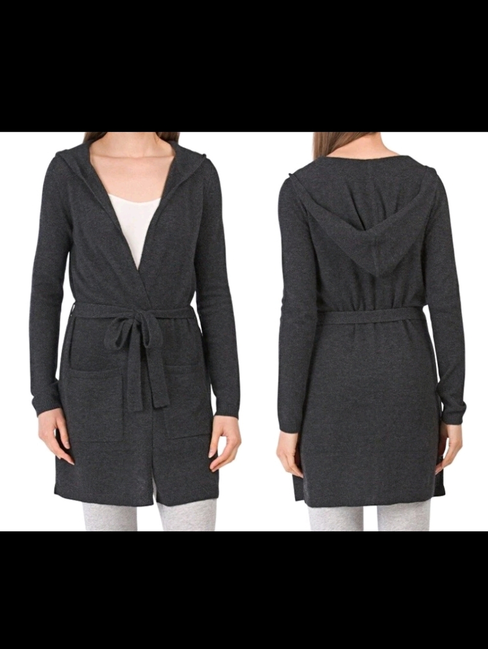 NEW + Tags 100% CashmereTahari Charcoal Hooded Belted Cardigan